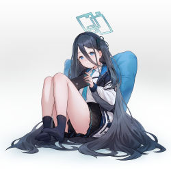 Rule 34 | 1girl, absurdres, aris (blue archive), black hair, black hairband, black skirt, black socks, blue archive, blue eyes, blue necktie, breast pocket, closed mouth, coat, collared shirt, full body, hair between eyes, hair ornament, hairband, highres, long hair, long hair between eyes, long sleeves, miniskirt, necktie, nintendo switch, no shoes, open clothes, open coat, pleated skirt, pocket, radjeong, shirt, sitting, skirt, smile, socks, solo, thighs, twintails, very long hair, white background, white shirt, wing collar