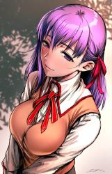 Rule 34 | breasts, brown vest, commentary request, fate/stay night, fate (series), from above, hair between eyes, hair ribbon, homurahara academy school uniform, large breasts, long hair, long sleeves, looking at viewer, matou sakura, purple eyes, purple hair, red ribbon, ribbon, school uniform, sgk, shirt, smile, solo, vest, white shirt