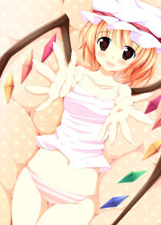 Rule 34 | 1girl, alternate hairstyle, azure (capriccio), bad id, bad pixiv id, bare shoulders, blonde hair, camisole, embodiment of scarlet devil, female focus, flandre scarlet, foreshortening, hat, lying, on back, panties, reaching, red eyes, short hair, solo, striped clothes, striped panties, touhou, underwear, underwear only, wings