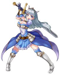 Rule 34 | 1girl, blue eyes, breasts, cleavage, gauntlets, holding, large breasts, long hair, looking at viewer, open mouth, original, pensuke, silver hair, solo, sword, thighhighs, tiara, weapon, zettai ryouiki