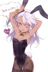 Rule 34 | 1girl, animal ears, armpits, arms behind head, arms up, black leotard, blush, breasts, character name, chloe von einzbern, cleavage, collarbone, covered navel, dark-skinned female, dark skin, detached collar, fake animal ears, fate/kaleid liner prisma illya, fate (series), heart, highleg, highleg leotard, hip focus, leotard, long hair, looking at viewer, one eye closed, one side up, open mouth, orange eyes, pantyhose, parted lips, pink hair, playboy bunny, rabbit ears, rabbit tail, signature, simple background, small breasts, smile, solo, swept bangs, tail, thighband pantyhose, thighs, white background, wrist cuffs, yukimiya yuge