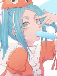 Rule 34 | 1girl, arm up, blue hair, center frills, commentary request, fingernails, food, food in mouth, frills, googly eyes, green eyes, highres, looking at viewer, medium hair, monogatari (series), mouth hold, nisemonogatari, ononoki yotsugi, orange headwear, orange shirt, popsicle, puffy short sleeves, puffy sleeves, shirt, short eyebrows, short sleeves, sidelocks, solo, thick eyebrows, tongue, tostos, twintails, upper body, v over eye, white background