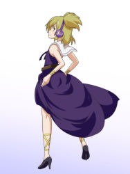 Rule 34 | 1girl, alternate costume, black footwear, blonde hair, bracelet, cato (monocatienus), commentary, dress, earmuffs, from side, full body, gradient background, hands on own hips, high heels, jewelry, legs apart, profile, purple dress, shoes, short hair, simple background, solo, touhou, toyosatomimi no miko, yellow eyes