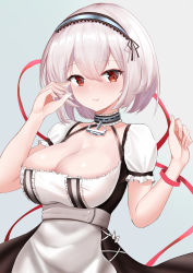 Rule 34 | 1girl, absurdres, anchor choker, apron, artist request, azur lane, breasts, brown dress, choker, cleavage, cleavage cutout, clothing cutout, dress, frilled choker, frills, hairband, highres, large breasts, looking at viewer, puffy short sleeves, puffy sleeves, red eyes, short hair, short sleeves, simple background, sirius (azur lane), solo, string, string of fate, white apron, white hair