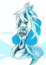 Rule 34 | 10s, 1girl, 2012, android, aqua hair, arms up, artist name, blue hair, blue theme, breasts, character name, covered erect nipples, dated, fingernails, fins, fish tail, green eyes, impossible clothes, kneeling, long hair, original, shark girl, signature, sketch, solo, tail, therianthrope, tyson tan, very long hair
