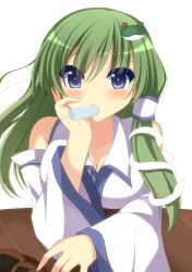 Rule 34 | 1girl, blue eyes, breast rest, breasts, chimunge, cleavage, collarbone, detached sleeves, elbow rest, food, food in mouth, frog hair ornament, green hair, hair ornament, hair tubes, head rest, highres, kochiya sanae, large breasts, long hair, looking at viewer, popsicle, simple background, snake hair ornament, solo, table, touhou, white background