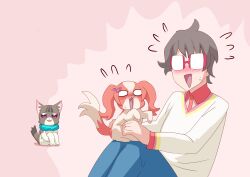 1boy 2girls aqua_scarf blue_pants blush brown_hair cat collared_shirt dog glasses hair_ornament hairclip holding inukai_iroha inukai_iroha_(dog) long_sleeves multiple_girls nekoyashiki_mayu nekoyashiki_mayu_(cat) open_mouth orange_shirt otokamu pants precure red-framed_eyewear red_eyes scarf semi-rimless_eyewear shirt short_hair sweater toyama_satoru white_sweater wonderful_precure!