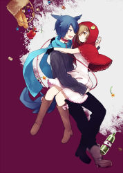 Rule 34 | 1boy, 1girl, animal ears, basket, blue eyes, blue hair, boots, bread, breasts, brown eyes, brown hair, carrying, cloak, collar, dress, flower, food, gloves, hood, hood up, kaito (vocaloid), knee boots, leash, little red riding hood, looking at another, meiko (vocaloid), open mouth, red cloak, redbear07, scarf, short hair, simple background, smile, tail, vocaloid, wolf ears, wolf tail