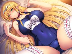 Rule 34 | 1girl, angelica rothschild, bare shoulders, bed, blonde hair, blush, breasts, collar, elf, embarrassed, covered erect nipples, game cg, green eyes, himekishi angelica, ishigaki takashi, large breasts, legs, long hair, looking away, lying, pillow, pillow grab, pointy ears, school swimsuit, slave, solo, spread legs, sweat, swimsuit, thighs, white legwear