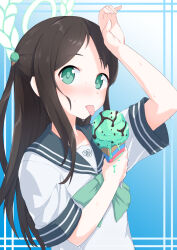 Rule 34 | 1girl, airi (blue archive), blue archive, blue background, blush, bow, bowtie, brown hair, commentary request, fingernails, food, food-themed hair ornament, green bow, green bowtie, green eyes, grey sailor collar, hair ornament, halo, highres, ice cream, ice cream cone, ice cream hair ornament, jakomurashi, laurel crown, long hair, looking at viewer, medium bangs, mint chocolate, parted bangs, sailor collar, school uniform, serafuku, shirt, short sleeves, solo, tongue, tongue out, upper body, white shirt