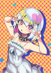 Rule 34 | 1girl, :o, bare shoulders, blush, collar, collarbone, commentary, dohna dohna issho ni warui koto o shiyou, dotted background, double v, dress, hands up, heart, highres, looking at viewer, multicolored hair, nibansu, open mouth, pink eyes, pink hair, porno (dohna dohna), short hair, solo, spaghetti strap, spiked collar, spikes, upper body, v, white hair