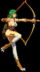 Rule 34 | 1girl, aiming, andromeda (kongai), animal hands, archer (fate), armlet, arrow (projectile), ass, bare shoulders, between breasts, black background, blue eyes, bodysuit, bow (weapon), bra, breasts, claws, cleavage, expressionless, fantasy, fate (series), fighting stance, full body, glowing, green hair, hair between eyes, holding, jewelry, kevin lau, kongai, large breasts, leg lift, leotard, lingerie, lipstick, looking away, magic, makeup, neck ring, official art, outstretched arm, paw shoes, profile, quiver, shoes, short hair, sideboob, simple background, solo, standing, standing on one leg, strap, talons, thighhighs, udon entertainment, underwear, vambraces, weapon, white thighhighs