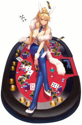 Rule 34 | 1girl, animal ears, artoria pendragon (all), artoria pendragon (fate), artoria pendragon (swimsuit ruler) (fate), bare shoulders, between breasts, blonde hair, blue necktie, blue pantyhose, braid, breasts, card, casino card table, cleavage, cocktail glass, crossed legs, cup, detached collar, drinking glass, fate/grand order, fate (series), feather boa, fishnet pantyhose, fishnets, french braid, green eyes, hair between eyes, highleg, highleg leotard, highres, holding, holding card, large breasts, leotard, long hair, long legs, looking at viewer, martini, necktie, pantyhose, playboy bunny, playing card, poker chip, poker table, ponytail, rabbit ears, revision, short necktie, sidelocks, sitting, smile, solo, table, tiara, white footwear, white leotard, wrist cuffs, zonotaida