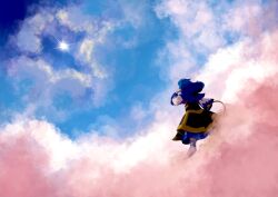 Rule 34 | 1girl, above clouds, black dress, blue hair, blue hood, blue skirt, blue sky, cloud, commentary request, dress, from behind, full body, glint, hand in own hair, highres, holding, holding jewelry, holding ring, hood, hood down, hoop, jewelry, kumoi ichirin, long hair, long sleeves, no shoes, ring, shirt, skirt, sky, socks, solo, sun, touhou, umebitan, white shirt, white socks