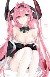 Rule 34 | 1girl, arms behind back, artist name, azur lane, bare shoulders, black dress, black hairband, blush, breasts, chinese commentary, cleavage, closed mouth, detached collar, dress, feet out of frame, hair between eyes, hairband, heart, highres, horns, long hair, looking at viewer, medium breasts, pink eyes, pink hair, prinz rupprecht (azur lane), sitting, smile, solo, thighhighs, thighs, twintails, very long hair, white background, white thighhighs, wide sleeves, winter eclipse