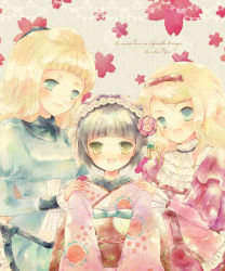 Rule 34 | 3girls, alice blanche, aoyama homare, blue eyes, blunt bangs, bow, brown hair, camille blanche, dress, floral print, flower, frills, green eyes, hair flower, hair ornament, hand on shoulder, ikoku meiro no croisee, japanese clothes, kimono, long hair, looking at viewer, multiple girls, puffy sleeves, ribbon, short hair, siblings, sisters, smile, very long hair, yune (ikoku meiro no croisee)