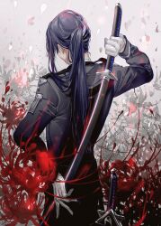 Rule 34 | 1boy, absurdres, arms behind back, black jacket, black pants, blue hair, cowboy shot, dark blue hair, daxi, facing away, flower, from behind, gloves, grey background, highres, holding, holding sword, holding weapon, jacket, katana, long hair, long sleeves, male focus, nagao kei, nijisanji, pants, ponytail, red flower, sheath, sheathed, solo, spider lily, sword, virtual youtuber, weapon, white gloves