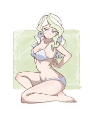 Rule 34 | 1girl, barefoot, bikini, blonde hair, blue eyes, blush, breasts, cleavage, diana cavendish, embarrassed, highres, light green hair, little witch academia, long hair, medium breasts, navel, qq340380, simple background, solo, swimsuit, toes, trigger (company), wavy hair, white bikini