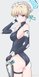 Rule 34 | 1girl, absurdres, ass, black gloves, black leotard, blonde hair, blue archive, blue eyes, commentary request, elbow gloves, fingerless gloves, gloves, halo, highres, holstered, leotard, looking at viewer, looking back, maid headdress, medium hair, rasen manga, simple background, skin tight, sleeveless turtleneck leotard, solo, standing, toki (blue archive), two-tone leotard, white background