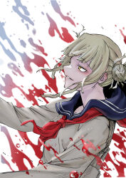 1girl absurdres bags_under_eyes black_sailor_collar blonde_hair blood boku_no_hero_academia hair_bun highres long_sleeves messy_hair neckerchief neo_(user_zttz2747) red_neckerchief sailor_collar school_uniform short_hair_with_long_locks solo toga_himiko upper_body yellow_eyes