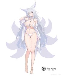 Rule 34 | 1girl, absurdres, animal ears, anklet, azur lane, bikini, blue eyes, breasts, chinese commentary, copyright name, fox ears, fox tail, full body, grey hair, highres, jewelry, large breasts, long hair, long sleeves, looking at viewer, navel, official alternate costume, shinano (azur lane), shinano (dreamy white sands) (azur lane), soaryuna, swimsuit, tail, weibo logo, weibo watermark, white bikini