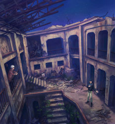 Rule 34 | 2boys, architecture, bad id, bad pixiv id, blue hair, coat, debris, jacket, male focus, multiple boys, nature, nezumi (no.6), night, night sky, no.6, outdoors, pants, plant, rubble, ruins, scarf, scenery, shion (no.6), short hair, siokagen, sky, stairs, star (sky), starry sky, tree, white hair