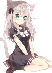 Rule 34 | 1girl, animal ears, bad id, bad pixiv id, black bow, black dress, black sailor collar, black socks, blush, bow, breasts, brown footwear, cat ears, cat girl, cat tail, closed mouth, commentary request, derivative work, dress, hair between eyes, hair bow, head tilt, highres, liang feng qui ye, loafers, long hair, looking at viewer, original, puffy short sleeves, puffy sleeves, sailor collar, sailor dress, shoes, short sleeves, silver hair, simple background, sitting, small breasts, socks, solo, tail, tail raised, translation request, wariza, white background, white bow
