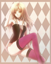 Rule 34 | 1girl, argyle, argyle background, argyle clothes, bad id, bad pixiv id, bare shoulders, blonde hair, breasts, choker, cleavage, corset, doromon, fire emblem, fire emblem: genealogy of the holy war, lachesis (fire emblem), long hair, nintendo, no panties, solo, thighhighs, yellow eyes