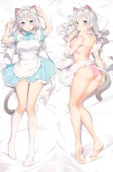 Rule 34 | 1girl, absurdres, amanagi el, animal ears, apron, arms up, ass, bare shoulders, barefoot, bed sheet, blue dress, blue eyes, blush, bra, breasts, cat ears, cat girl, cat tail, closed mouth, commentary request, dakimakura (medium), dress, fang, fish hair ornament, frilled apron, frills, grey hair, hair ornament, highres, indie virtual youtuber, kinako (shiratama mochi), kneehighs, long hair, maid apron, md5 mismatch, medium breasts, multiple views, no shoes, panties, parted lips, pink bra, pink panties, pleated dress, puffy short sleeves, puffy sleeves, resolution mismatch, short sleeves, socks, soles, source smaller, tail, two side up, underwear, virtual youtuber, white apron, white socks