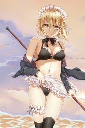 Rule 34 | 1girl, apron, artist request, artoria pendragon (alter swimsuit rider) (fate), artoria pendragon (alter swimsuit rider) (second ascension) (fate), artoria pendragon (fate), bikini, black bikini, black jacket, black ribbon, black thighhighs, blonde hair, blush, braid, breasts, cleavage, commentary request, fate/grand order, fate (series), frills, highres, holding, jacket, looking at viewer, maid, maid bikini, maid headdress, medium breasts, navel, off-shoulder jacket, off shoulder, open clothes, outdoors, ribbon, short hair, solo, swimsuit, thighhighs, unconventional maid, v-shaped eyebrows, water, white apron, yellow eyes