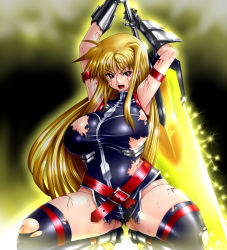 Rule 34 | 00s, 1girl, aged up, bardiche (nanoha), bardiche (zanber form) (nanoha), blonde hair, blood, breasts, curvy, fate testarossa, fate testarossa (true sonic form), gao, gao (naodayo), highres, large breasts, long hair, lyrical nanoha, mahou shoujo lyrical nanoha, mahou shoujo lyrical nanoha strikers, open mouth, red eyes, solo, sword, thighhighs, torn clothes, weapon
