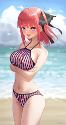 Rule 34 | 1girl, absurdres, arms under breasts, bare shoulders, beach, bikini, blush, breast hold, breasts, butterfly hair ornament, cloud, cloudy sky, cowboy shot, crossed arms, day, floral print, go-toubun no hanayome, hair ornament, halterneck, highres, horizon, large breasts, looking at viewer, medium hair, nakano nino, navel, ocean, one side up, open mouth, pink hair, purple eyes, red bikini, sand, sideboob, signature, sky, solo, standing, striped bikini, striped clothes, swimsuit, teeth, thighs, upper teeth only, vertical-striped bikini, vertical-striped clothes, yuhi (yuhi atb26)