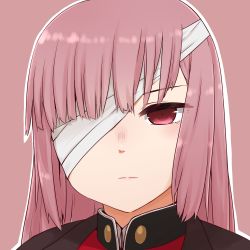 Rule 34 | 1girl, bandage over one eye, brown background, closed mouth, fate/grand order, fate (series), florence nightingale (fate), florence nightingale (third ascension) (fate), hair down, i.u.y, jacket, long hair, looking at viewer, outline, pink hair, portrait, red eyes, red jacket, solo, white outline
