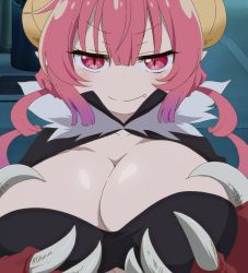 Rule 34 | 1girl, grabbing another&#039;s breast, breasts, claws, cleavage, collarbone, dragon girl, dragon horns, fang, grabbing, grabbing own breast, hair between eyes, hand on own chest, highres, horns, huge breasts, ilulu (maidragon), kobayashi-san chi no maidragon, large hands, long hair, looking at viewer, naughty face, pink eyes, pink hair, screencap, sharp teeth, shiny skin, smile, solo, stitched, teeth, third-party edit, twintails