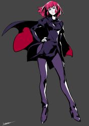 Rule 34 | 1girl, bodysuit, cape, closed mouth, contrapposto, dress, floating hair, full body, grey background, gundam, haman karn, hand on own hip, highres, kotatsu (g-rough), looking at viewer, pink hair, purple bodysuit, purple cape, purple dress, purple eyes, short hair, signature, simple background, solo, zeta gundam