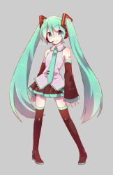 Rule 34 | 1girl, aqua eyes, aqua hair, aqua nails, aqua necktie, arm tattoo, bare shoulders, black skirt, black sleeves, black thighhighs, blouse, boots, closed mouth, collared shirt, commentary, contrapposto, derivative work, detached sleeves, full body, grey background, grey shirt, hair ornament, hatsune miku, headphones, headset, highres, long hair, looking at viewer, miniskirt, mochityoko, nail polish, necktie, pleated skirt, shirt, shoulder blush, shoulder tattoo, simple background, skirt, sleeveless, sleeveless shirt, smile, solo, standing, tattoo, thigh boots, thighhighs, tie clip, twintails, twitter username, very long hair, vocaloid, vocaloid boxart pose, zettai ryouiki
