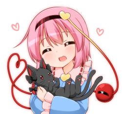 Rule 34 | 1girl, ^ ^, animal, black bow, black cat, blue shirt, bow, braid, carrying, cat, commentary request, closed eyes, frilled shirt collar, frilled sleeves, frills, hair between eyes, hairband, heart, heart of string, holding, holding animal, kaenbyou rin, kaenbyou rin (cat), komeiji satori, long sleeves, multiple tails, nekomata, open mouth, pink hair, red eyes, ribbon-trimmed collar, ribbon trim, shirt, short hair, simple background, smile, solo, suwa yasai, tail, third eye, touhou, two tails, upper body, white background, wide sleeves