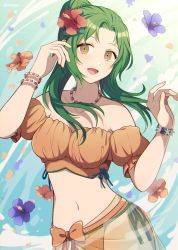 Rule 34 | 1girl, :d, bare shoulders, bead bracelet, bead necklace, beads, bikini, blue flower, bracelet, breasts, brown eyes, crml orng, elincia ridell crimea, fire emblem, fire emblem: radiant dawn, fire emblem heroes, flower, forehead, green hair, hair flower, hair ornament, hands up, hibiscus, highres, jewelry, long hair, looking at viewer, medium breasts, navel, necklace, nintendo, off-shoulder bikini, off shoulder, official alternate costume, open mouth, orange bikini, orange flower, puffy short sleeves, puffy sleeves, red flower, sarong, see-through, short sleeves, side-tie bikini bottom, smile, solo, stomach, swimsuit, upper body