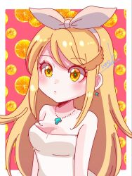 Rule 34 | 1girl, bare shoulders, blonde hair, border, breasts, cleavage, closed mouth, commentary, core crystal (xenoblade), dot nose, dress, eyelashes, food, fruit, hairband, highres, jewelry, long hair, medium breasts, mythra (xenoblade), necklace, nonoworks, orange (fruit), orange slice, pink background, sidelocks, signature, solo, strapless, strapless dress, upper body, white border, white dress, white hairband, xenoblade chronicles (series), xenoblade chronicles 2, yellow eyes