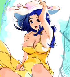 Rule 34 | 1girl, arm up, blue hair, breasts, cleavage, dress, hat, igarashi mangou, large breasts, long hair, open mouth, original, sketch, solo, yellow dress