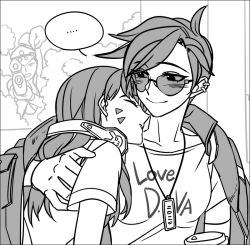 Rule 34 | ..., 3girls, breasts, character name, clothes writing, commentary request, d.va (overwatch), english text, female focus, glasses, greyscale, gun, headphones, headphones around neck, hiding, hooreng, monochrome, multiple girls, nature, overwatch, overwatch 1, plant, rifle, scope, smile, sniper rifle, spoken ellipsis, sunglasses, tracer (overwatch), upper body, weapon, white background, widowmaker (overwatch), yandere, yuri