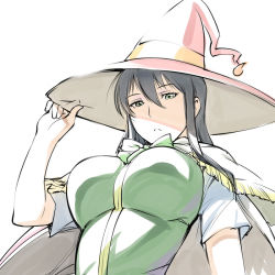 Rule 34 | 10s, 1girl, :&lt;, black hair, breasts, cape, green eyes, hand on headwear, kagari ayaka, large breasts, long hair, simple background, solo, ueyama michirou, witch craft works