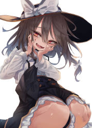 Rule 34 | 1girl, absurdres, black hat, black skirt, blush, bow, brown hair, fang, hands on own face, hat, hat bow, high-waist skirt, highres, long sleeves, looking at viewer, muraryo, nail polish, open mouth, red eyes, red nails, seiza, shirt, short hair, simple background, sitting, skirt, solo, touhou, usami renko, white background, white bow, white shirt