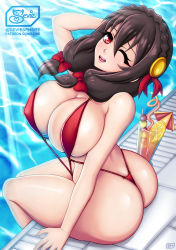 Rule 34 | 1girl, ass, bare shoulders, black hair, blush, bow, breasts, butt crack, from above, from behind, hair bow, hair ornament, highres, huge ass, kono subarashii sekai ni shukufuku wo!, large breasts, leotard, long hair, looking at viewer, one-piece swimsuit, one eye closed, open mouth, red eyes, sevie, shiny skin, slingshot swimsuit, smile, solo, swimsuit, thong, wink, yunyun (konosuba)