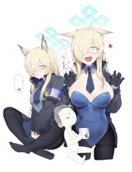 Rule 34 | ..., 1girl, @ @, absurdres, animal ear fluff, animal ears, armband, black gloves, black pantyhose, blonde hair, blue archive, blue eyes, blue leotard, blue suit, blush, breasts, collared shirt, covered navel, detached collar, dog ears, doodle sensei (blue archive), extra ears, formal, gloves, gurenola, hair over one eye, halo, hands up, heart, highres, huge breasts, jacket, kanna (blue archive), leotard, long hair, long sleeves, multiple views, necktie, no shoes, notched ear, open clothes, open jacket, pantyhose, pencil skirt, playboy bunny, sensei (blue archive), sharp teeth, shirt, skindentation, skirt, speech bubble, spoken ellipsis, spoken heart, suit, teardrop, teeth, tie clip