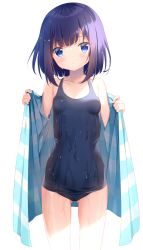 Rule 34 | 1girl, backlighting, bare shoulders, blue eyes, breasts, closed mouth, collarbone, commentary request, fuiba fuyu, gochuumon wa usagi desu ka?, hair ornament, hairclip, highres, jacket, looking at viewer, old school swimsuit, open clothes, open jacket, pizzzica, purple hair, school swimsuit, simple background, small breasts, solo, striped clothes, striped jacket, swimsuit, wet, wet clothes, wet hair, wet swimsuit, white background