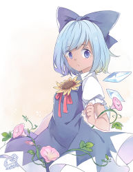 Rule 34 | 1girl, 2017, :o, blue dress, blue eyes, blue hair, blue ribbon, bow, cirno, collared shirt, cowboy shot, dated, dress, flower, hair bow, hand up, hidden star in four seasons, highres, ice, ice wings, ivy, leaf, looking at viewer, md5 mismatch, neck ribbon, open mouth, pink flower, puffy short sleeves, puffy sleeves, red ribbon, resolution mismatch, ribbon, sharmi, shirt, short dress, short hair, short sleeves, signature, smile, solo, sunflower, swept bangs, tan, tanned cirno, teeth, touhou, upper teeth only, white shirt, wind, wings