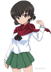 Rule 34 | 10s, 1girl, absurdres, arm up, black neckerchief, blouse, brown eyes, brown hair, caesar (girls und panzer), closed mouth, commentary, cowboy shot, girls und panzer, green skirt, highres, long sleeves, looking at viewer, miniskirt, neckerchief, one-hour drawing challenge, ooarai school uniform, pleated skirt, school uniform, serafuku, shibagami, shirt, short hair, simple background, skirt, smile, solo, standing, twitter username, white background, white shirt