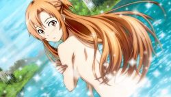 Rule 34 | 10s, 1girl, asuna (sao), blush, brown eyes, brown hair, completely nude, game cg, lake, long hair, looking at viewer, looking back, nude, solo, sparkle, sword art online, sword art online: hollow fragment, water