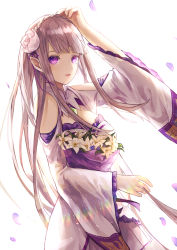 Rule 34 | 1girl, :d, absurdres, bouquet, braid, choker, clothing cutout, cowboy shot, crown braid, emilia (re:zero), floating hair, flower, frilled sleeves, frills, from side, gem, hair flower, hair ornament, hair ribbon, hand on own head, highres, holding, holding bouquet, long hair, long sleeves, looking at viewer, miniskirt, nomuraumu, open mouth, petals, pleated skirt, pointy ears, purple eyes, purple ribbon, re:zero kara hajimeru isekai seikatsu, ribbon, rose, shoulder cutout, silver hair, simple background, skirt, smile, solo, standing, very long hair, white background, white flower, white rose, white skirt, white sleeves, wide sleeves